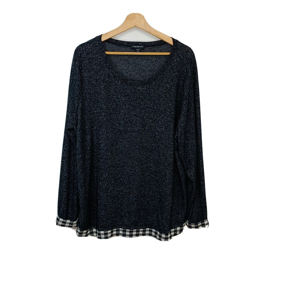 Lane  Bryant Knit Top Gray  Gingham Trim  Woman 18/20 Long Sleeve‎ Stretch Soft